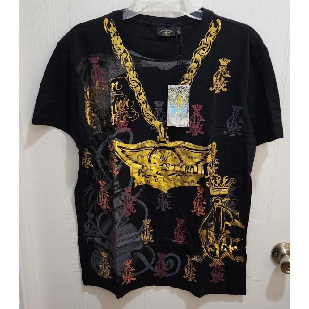 NEW Christian Audigier Skulls Chain Monogram‎ Love Double Sided Graphic T Shirt